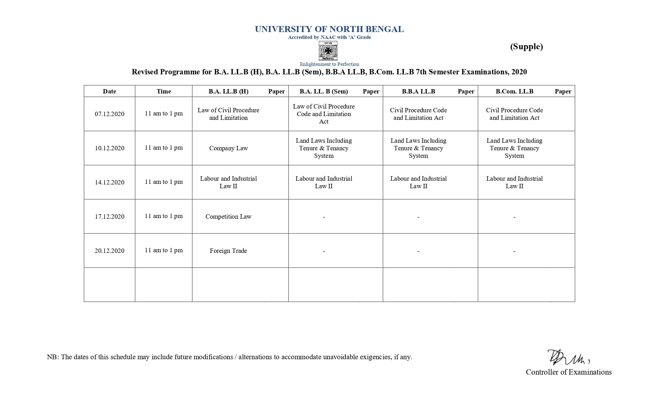 NBU REVISED ROUTINE 03-12-2020 NON-CBCS 7th SEMESTER